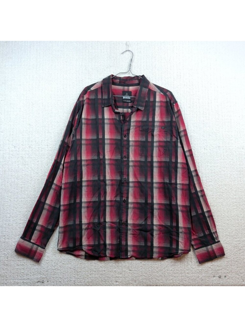 Prana Mens XL Long Sleeve Breathe Light Button Down Plaid Shirt Red Outdoor Hike
